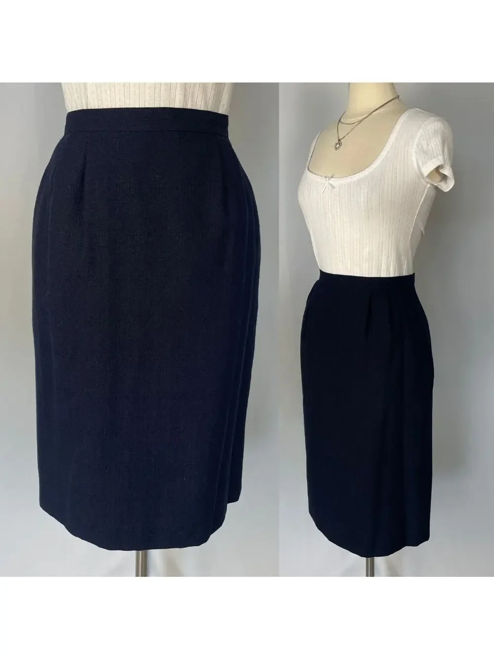 Vintage Midi Skirt Size 10 Navy Blue Minimal Secretary Retro High Rise 80s 90s